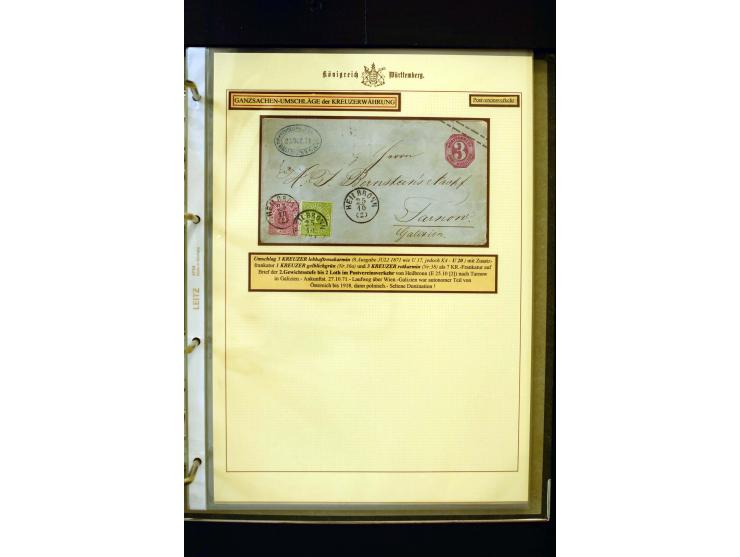 1862/74, Ganzsachen der Kreuzerzeit, aufgezugene Sammlung mit über 60 Belegen, meist mit Zufrankaturen, dabei 3 Einschreiben 