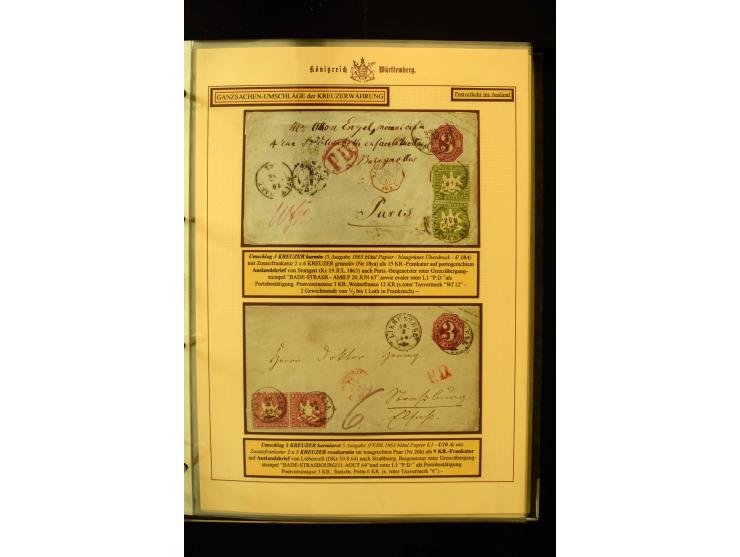 1862/74, Ganzsachen der Kreuzerzeit, aufgezugene Sammlung mit über 60 Belegen, meist mit Zufrankaturen, dabei 3 Einschreiben 
