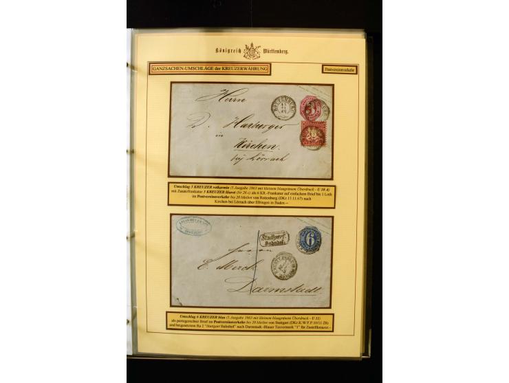 1862/74, Ganzsachen der Kreuzerzeit, aufgezugene Sammlung mit über 60 Belegen, meist mit Zufrankaturen, dabei 3 Einschreiben 