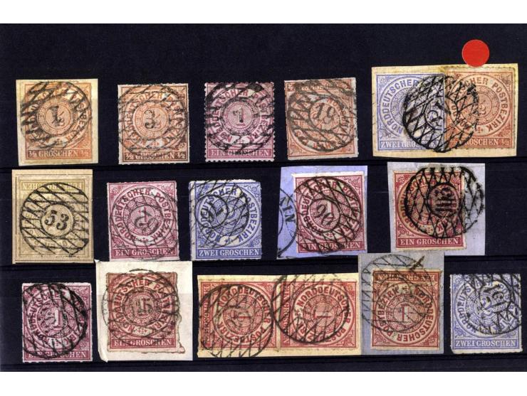 1868/69, Sachsen-Nummernstempel: Sammlung mit 15 Briefstücken und 2 Briefen, mit meist klaren und vollständigen Abschlägen, g