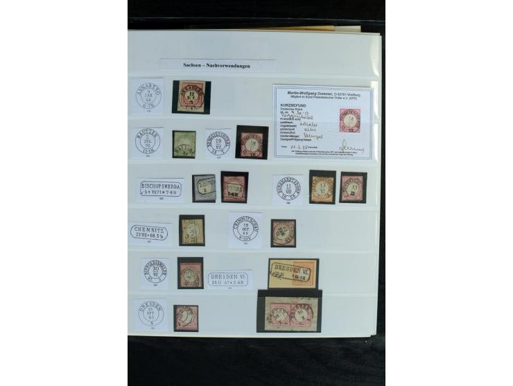 1872/75, Brustschild-Sammlung mit nachverwendeten Sachsenstempeln mit 96 Einzelmarken/Briefstücken und 8 Briefen/Karten, meis