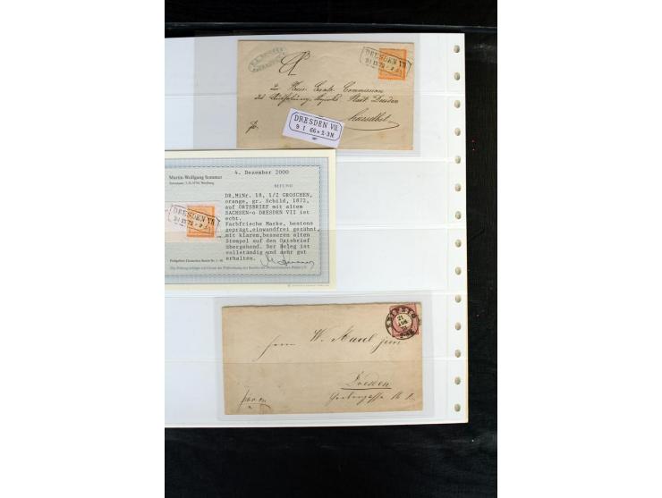 1872/75, Brustschild-Sammlung mit nachverwendeten Sachsenstempeln mit 96 Einzelmarken/Briefstücken und 8 Briefen/Karten, meis