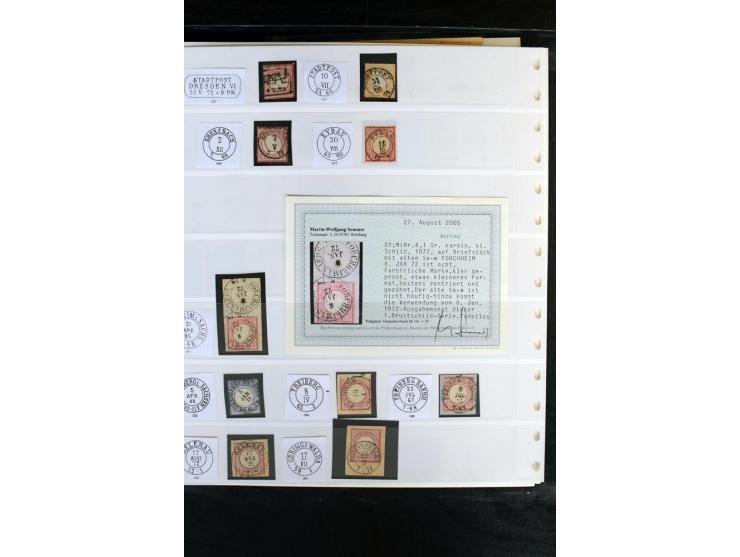 1872/75, Brustschild-Sammlung mit nachverwendeten Sachsenstempeln mit 96 Einzelmarken/Briefstücken und 8 Briefen/Karten, meis