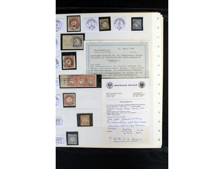 1872/75, Brustschild-Sammlung mit nachverwendeten Sachsenstempeln mit 96 Einzelmarken/Briefstücken und 8 Briefen/Karten, meis