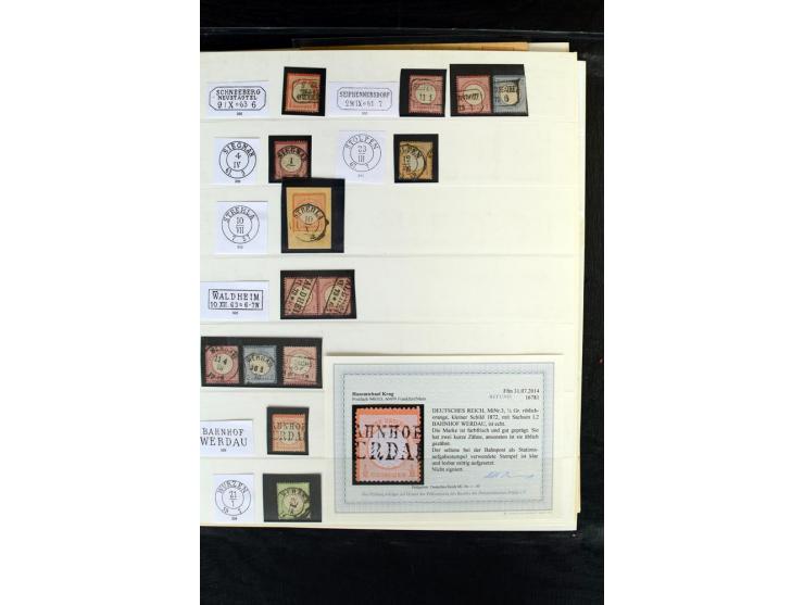 1872/75, Brustschild-Sammlung mit nachverwendeten Sachsenstempeln mit 96 Einzelmarken/Briefstücken und 8 Briefen/Karten, meis