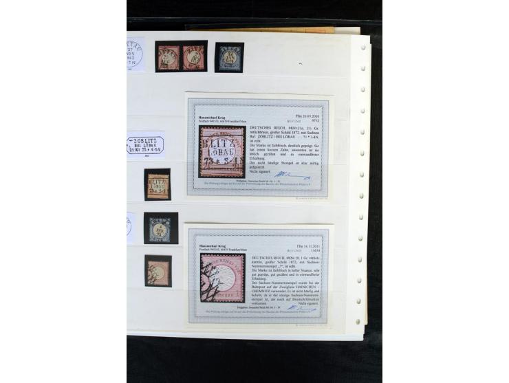 1872/75, Brustschild-Sammlung mit nachverwendeten Sachsenstempeln mit 96 Einzelmarken/Briefstücken und 8 Briefen/Karten, meis