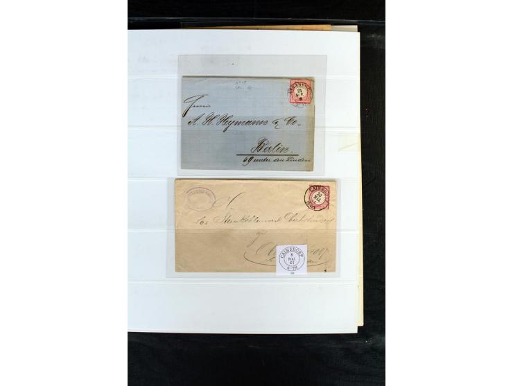 1872/75, Brustschild-Sammlung mit nachverwendeten Sachsenstempeln mit 96 Einzelmarken/Briefstücken und 8 Briefen/Karten, meis