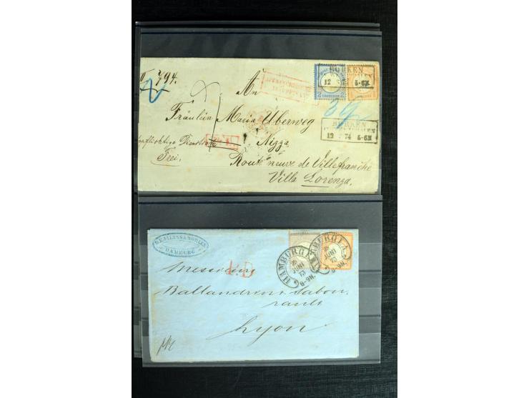 1872/74, 9 Briefe nach Frankreich, meist Brustschild-Frankaturen, dabei 2 Drucksachen, eine Mischfrankatur Groschen/Kreuzer u