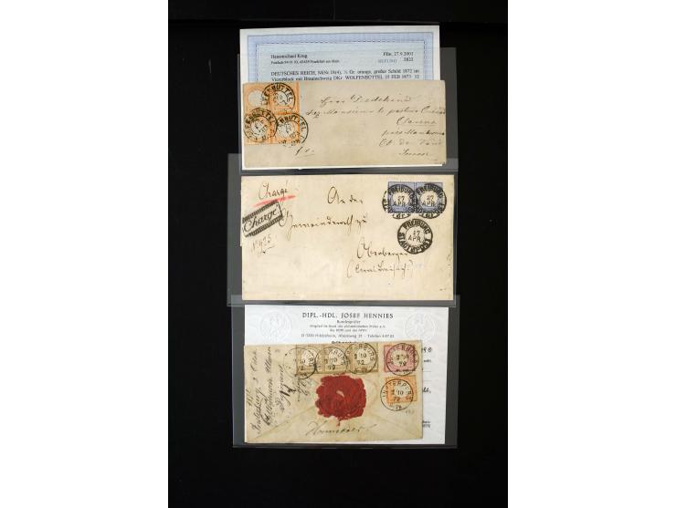 1872/74, 5 frankierte Briefe und ein nicht ganz vollständiges Insinuations-Dokument mit meist besseren Frankaturen, u.a. 4er-