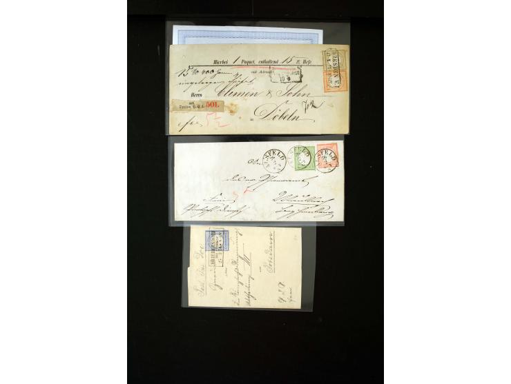 1872/74, 5 frankierte Briefe und ein nicht ganz vollständiges Insinuations-Dokument mit meist besseren Frankaturen, u.a. 4er-