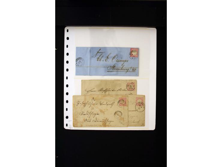 1872/75, 10 Briefe und Karten mit Brustschild-Frankaturen, u.a. nach Schweden und in die USA sowie 3 fehlerhafte Ganzsachenum