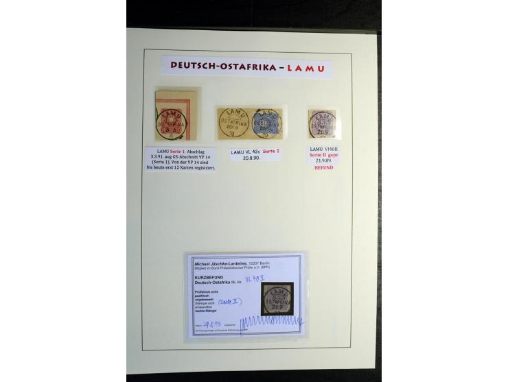 1890/1899, kleine Sammlung mit 22 Werten, dabei u.a. 4 Briefstücke Lamu (u.a. Mi.-Nr. VL 42 c) und GAA 10 Pfg. vom 3.3.91, Za
