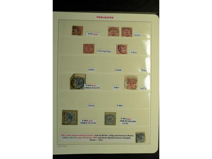 1890/1899, kleine Sammlung mit 22 Werten, dabei u.a. 4 Briefstücke Lamu (u.a. Mi.-Nr. VL 42 c) und GAA 10 Pfg. vom 3.3.91, Za