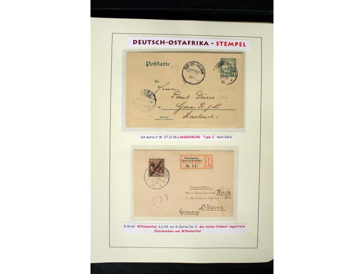 1891/1914, Stempelsammlung von Amani bis Wuguri inkl. Bahn- und Schiffstpost auf ca. 40 losen Marken, 120 Briefstücken und üb