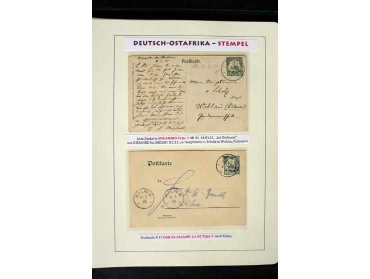 1891/1914, Stempelsammlung von Amani bis Wuguri inkl. Bahn- und Schiffstpost auf ca. 40 losen Marken, 120 Briefstücken und üb