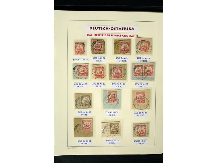 1891/1914, Stempelsammlung von Amani bis Wuguri inkl. Bahn- und Schiffstpost auf ca. 40 losen Marken, 120 Briefstücken und üb