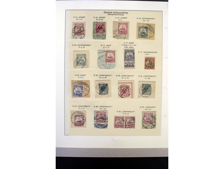 1900/1914, kleine Stempel-Sammlung auf losen Marken und schönen Briefstücken, dabei guter Teil "Wanderstempel" (hier auch 6 B