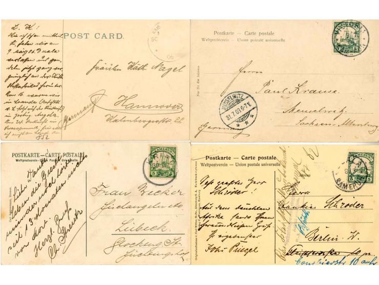 1901/12, Partie mit 13 Ansichtskarten, dabei interessante und bessere Ansichten, alle gebraucht mit Kamerun-Frankaturen (1x M