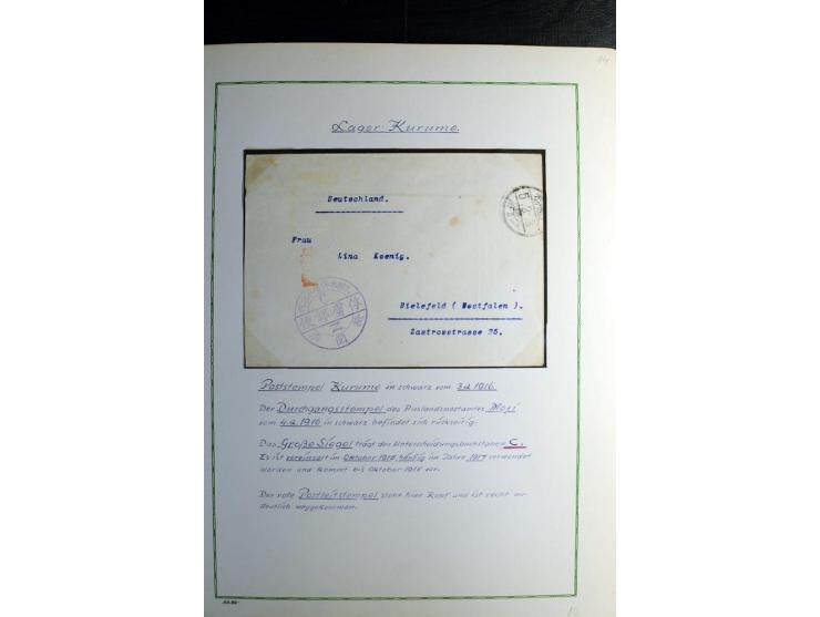 1914/1919, Sammlung mit über 50 Briefen und Karten auf Albenblättern mit Beschriftung, dabei bessere Lager (u.a. Asakusa und 