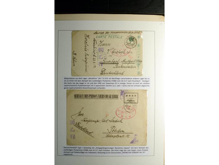 1914/1919, Sammlung mit über 50 Briefen und Karten auf Albenblättern mit Beschriftung, dabei bessere Lager (u.a. Asakusa und 