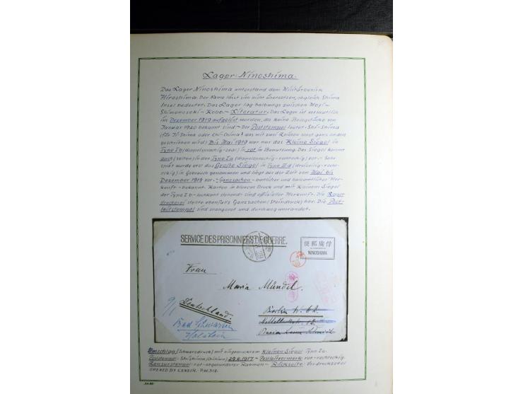 1914/1919, Sammlung mit über 50 Briefen und Karten auf Albenblättern mit Beschriftung, dabei bessere Lager (u.a. Asakusa und 