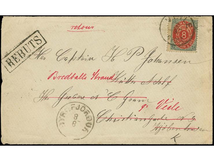 Denmark: 1894, 8 ö. grey/red tied by cds. "VEILE 2.3." to cover to Kopenhagen and forwarded to Dyrafjördur with arrival mark 