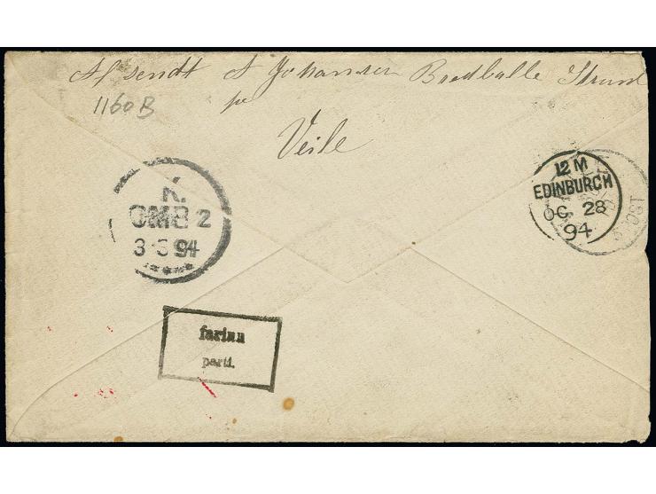 Denmark: 1894, 8 ö. grey/red tied by cds. "VEILE 2.3." to cover to Kopenhagen and forwarded to Dyrafjördur with arrival mark 