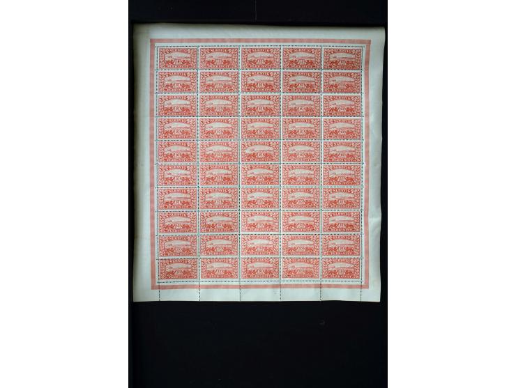 1920, Freimarken 2½ Pfg.-10 M. ohne 15 Pfg. und 5 M., je 100 Werte in Bogen, postfrisch, 2½ Pfg. 3 Werte mit Filzstiftspuren 