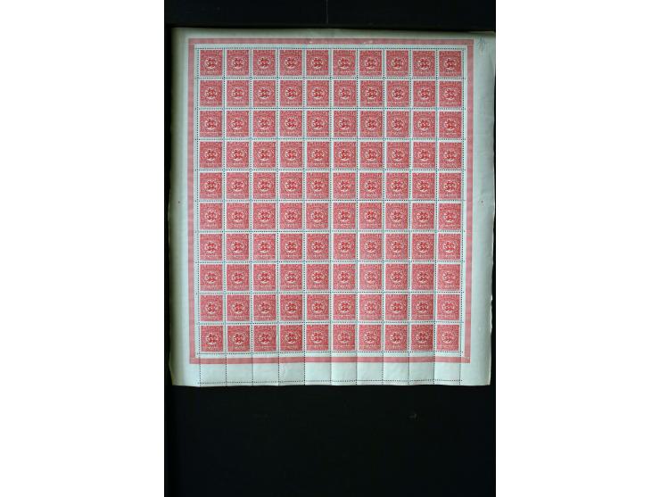 1920, Freimarken 2½ Pfg.-10 M. ohne 15 Pfg. und 5 M., je 100 Werte in Bogen, postfrisch, 2½ Pfg. 3 Werte mit Filzstiftspuren 