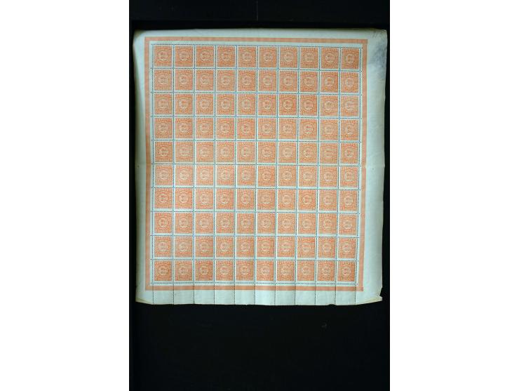 1920, Freimarken 2½ Pfg.-10 M. ohne 15 Pfg. und 5 M., je 100 Werte in Bogen, postfrisch, 2½ Pfg. 3 Werte mit Filzstiftspuren 