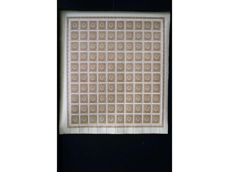 1920, Freimarken 2½ Pfg.-10 M. ohne 15 Pfg. und 5 M., je 100 Werte in Bogen, postfrisch, 2½ Pfg. 3 Werte mit Filzstiftspuren 