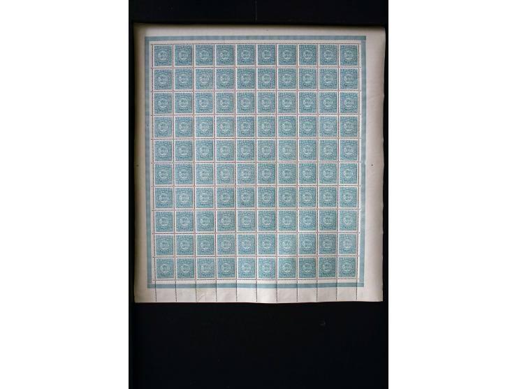 1920, Freimarken 2½ Pfg.-10 M. ohne 15 Pfg. und 5 M., je 100 Werte in Bogen, postfrisch, 2½ Pfg. 3 Werte mit Filzstiftspuren 