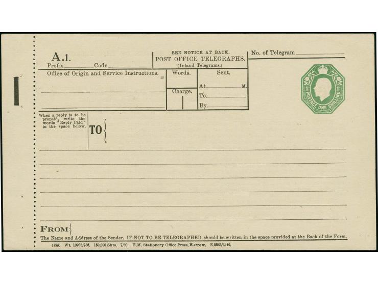 1922, Postal Stationery Telegram Form for general use, 1/- green complete with pad margin left with black bar, immaculate unu