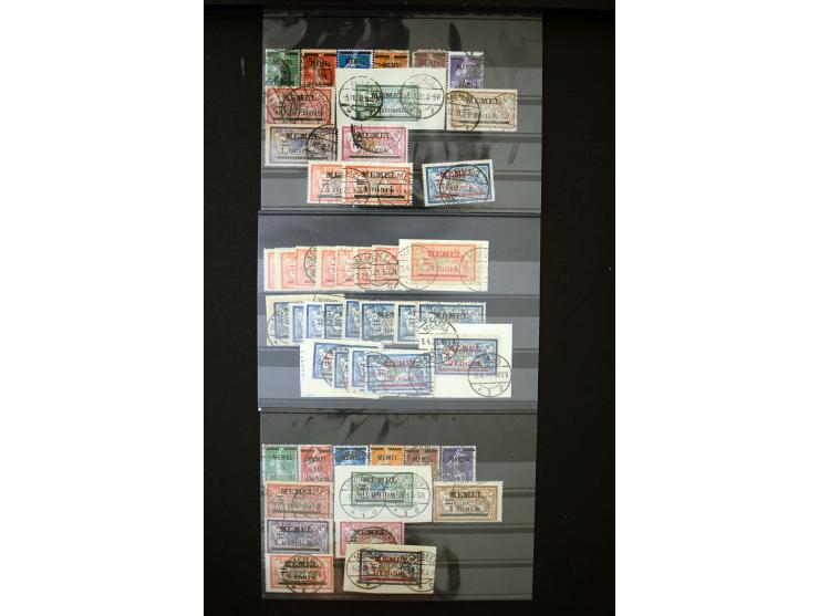 1920, Freimarken 5 Pfg.-20 M., 8 kpl. gestempelte Sätze, teils auf Briefstück, 3 M. auf 2 Fr., 10 und 20 M. je sign. Huylmans