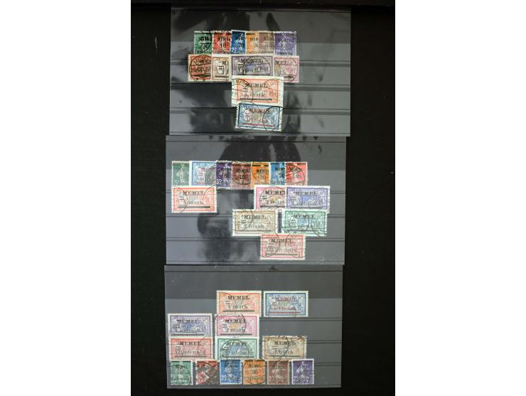 1920, Freimarken 5 Pfg.-20 M., 8 kpl. gestempelte Sätze, teils auf Briefstück, 3 M. auf 2 Fr., 10 und 20 M. je sign. Huylmans