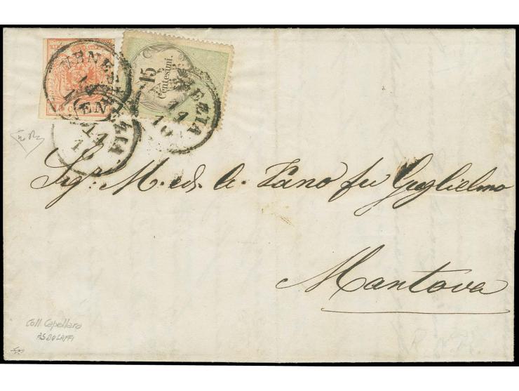1850/54: 15 centesimi orange red (rosso vermiglio), machine paper, used in combination with Postal fiscal 15 c. grey-black & 