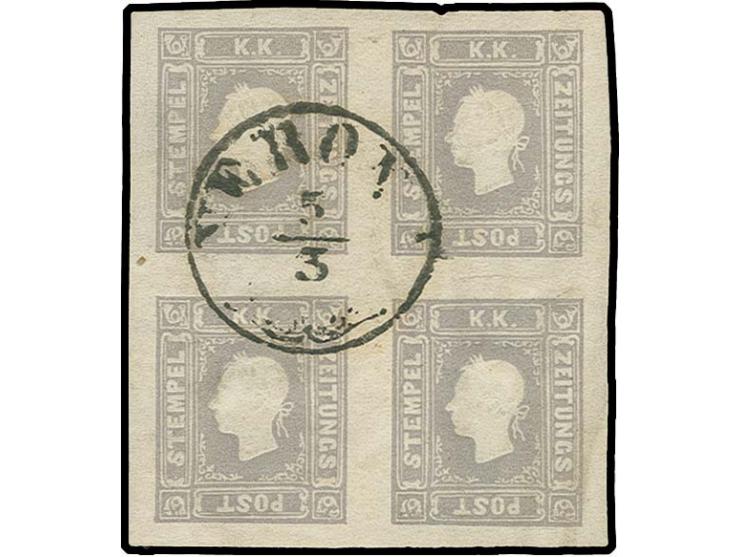 1859, Newspaper stamp 1.05 s. grey lilac in block of four with large margins all round, cancelled by central 'VERONA 5/3' dat