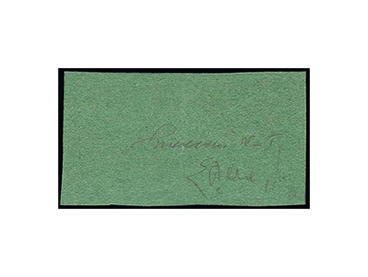 1852: 5 cmi. black on green with stop after '5', horizontal pair with ample to large margins all round, left hand stamp showi