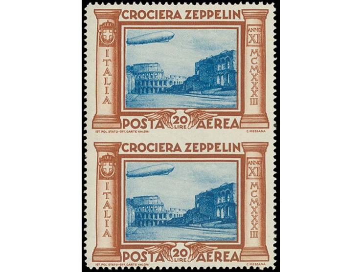 1933, Zeppelin 20 l. in vertical pair, centrally imperforated, unmounted mint, lower stamp tiny yellowish spot, otherwise ver