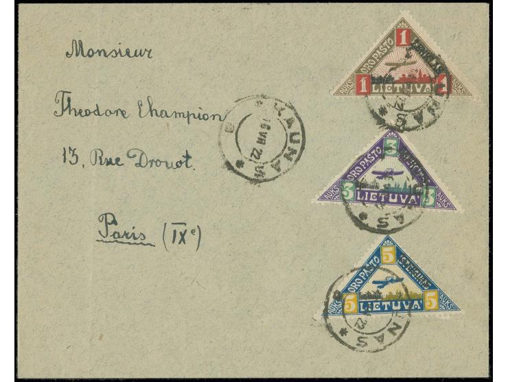 1922, Airmail 1-5a. tied by cds. "KAUNAS 16 VII 22" to first day cover to Paris, vertical fold, otherwise fine