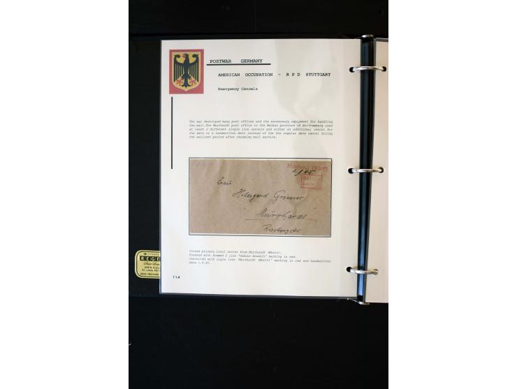  1945/1949, sehr umfangreiche Sammlung aller Zonen mit einigen hundert Briefen, Karten und Ganzsachen auf Austellungsblättern