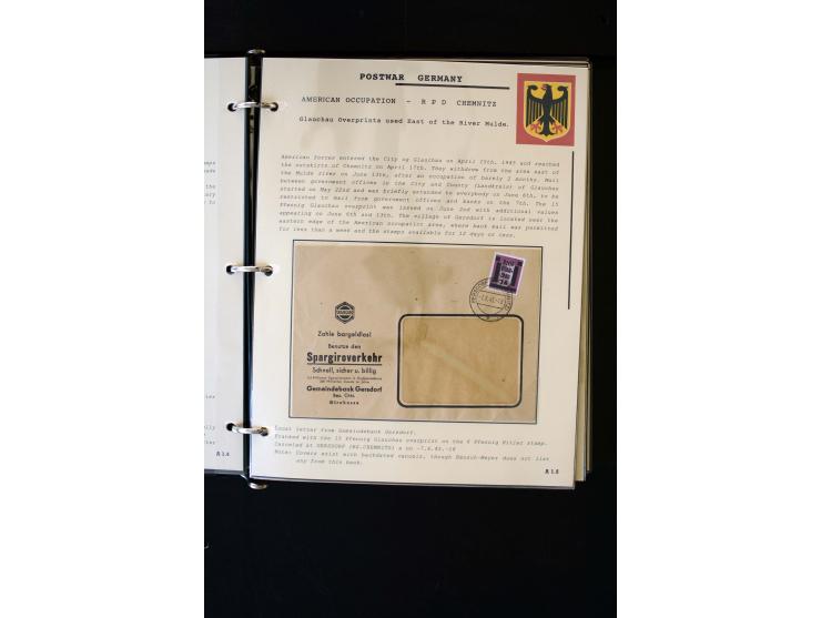  1945/1949, sehr umfangreiche Sammlung aller Zonen mit einigen hundert Briefen, Karten und Ganzsachen auf Austellungsblättern