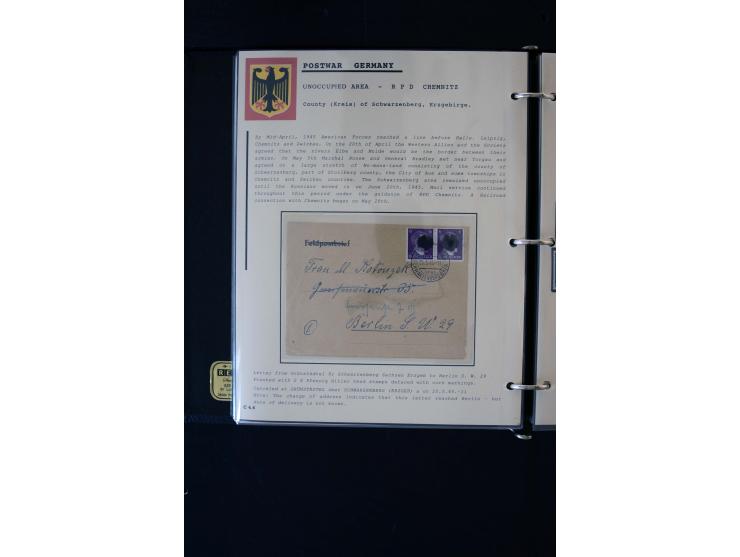 1945/1949, sehr umfangreiche Sammlung aller Zonen mit einigen hundert Briefen, Karten und Ganzsachen auf Austellungsblättern