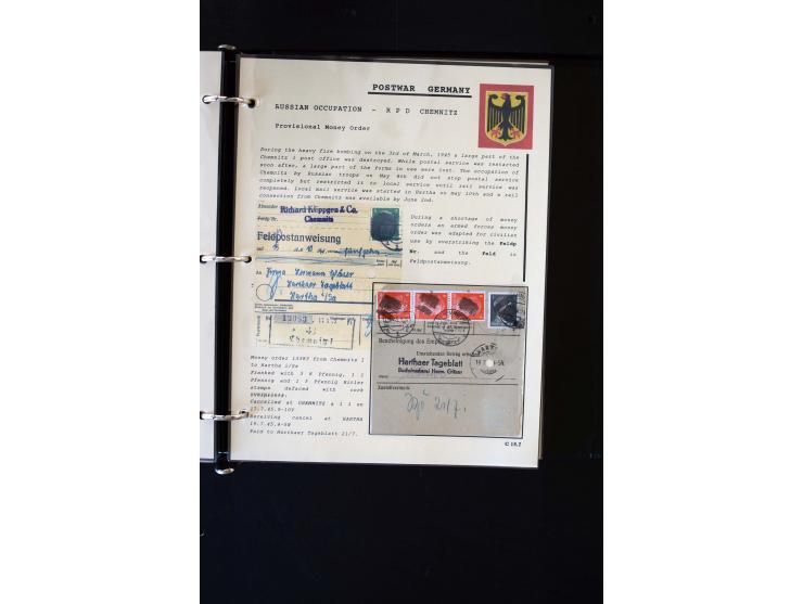  1945/1949, sehr umfangreiche Sammlung aller Zonen mit einigen hundert Briefen, Karten und Ganzsachen auf Austellungsblättern