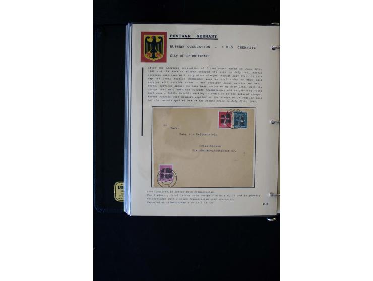  1945/1949, sehr umfangreiche Sammlung aller Zonen mit einigen hundert Briefen, Karten und Ganzsachen auf Austellungsblättern