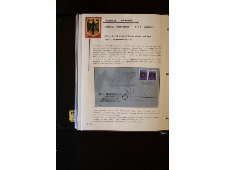  1945/1949, sehr umfangreiche Sammlung aller Zonen mit einigen hundert Briefen, Karten und Ganzsachen auf Austellungsblättern
