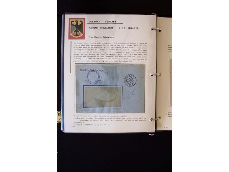  1945/1949, sehr umfangreiche Sammlung aller Zonen mit einigen hundert Briefen, Karten und Ganzsachen auf Austellungsblättern
