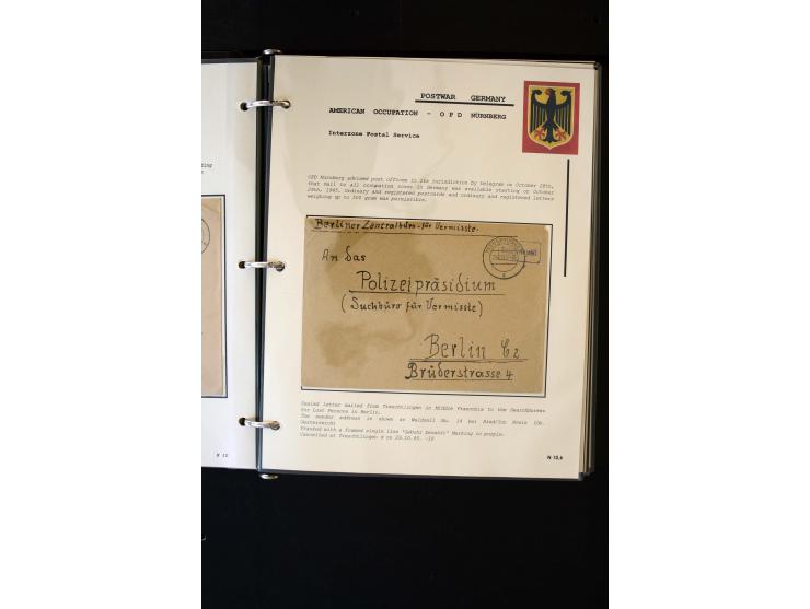  1945/1949, sehr umfangreiche Sammlung aller Zonen mit einigen hundert Briefen, Karten und Ganzsachen auf Austellungsblättern