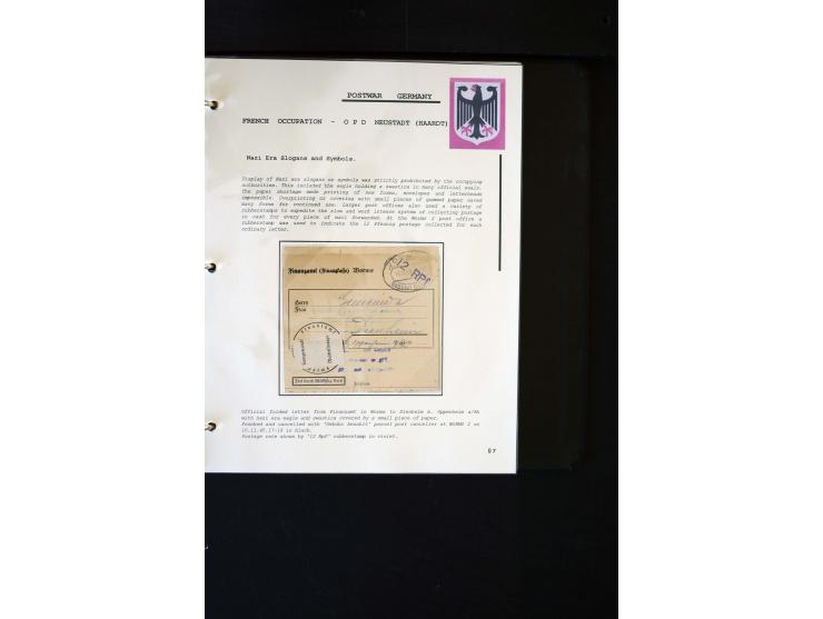  1945/1949, sehr umfangreiche Sammlung aller Zonen mit einigen hundert Briefen, Karten und Ganzsachen auf Austellungsblättern