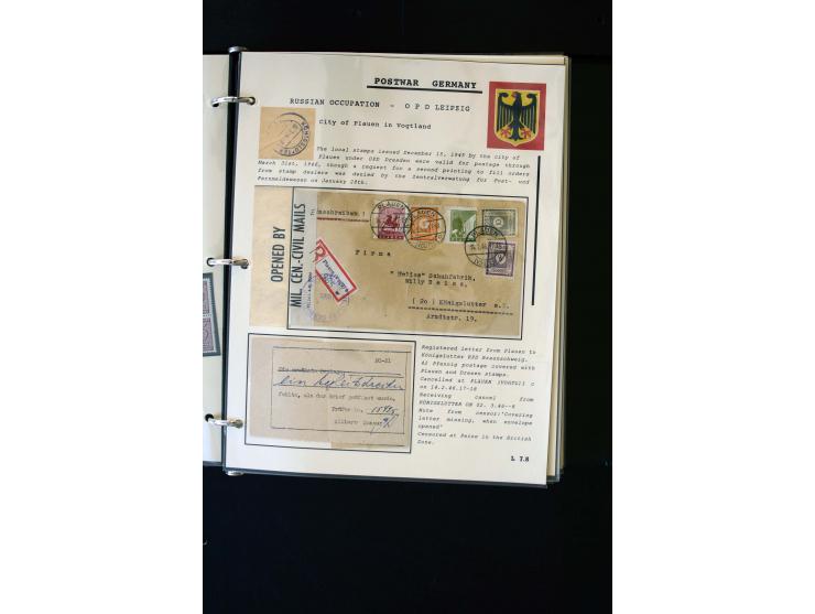  1945/1949, sehr umfangreiche Sammlung aller Zonen mit einigen hundert Briefen, Karten und Ganzsachen auf Austellungsblättern